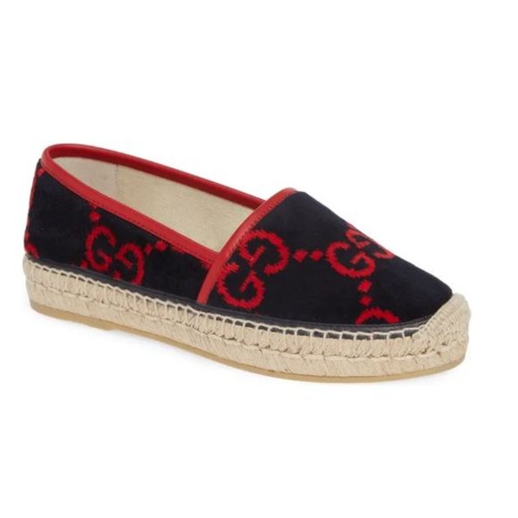 GUCCI Pilar Double G Red Logo Navy Blue Red Espadrilles Flats NEW 37 - Picture 1 of 11